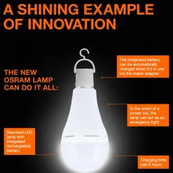 OSRAM LED-pære E27 8W mat 2700K genopladeligt batteri nødlys