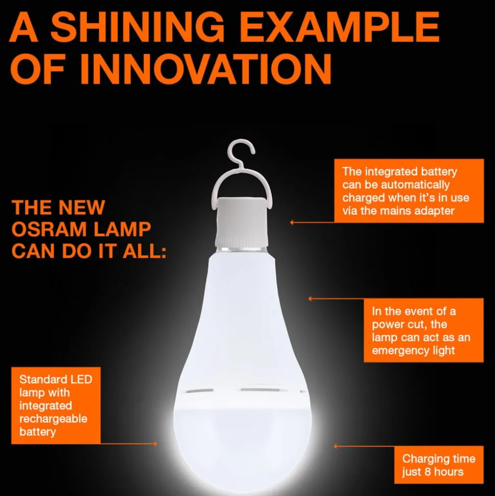 OSRAM LED-pære E27 8W mat 2700K genopladeligt batteri nødlys