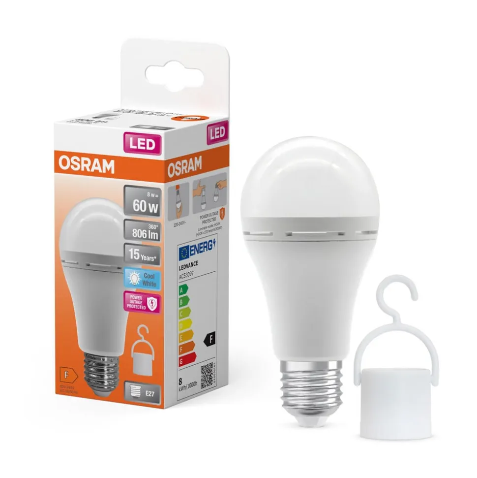 OSRAM LED-pære E27 8W mat 4000K genopladeligt batteri nødlys