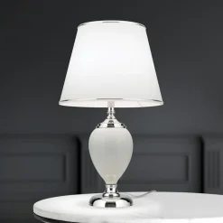 Ovum bordlampe, hvid/krom, højde 48 cm, keramik/chintz