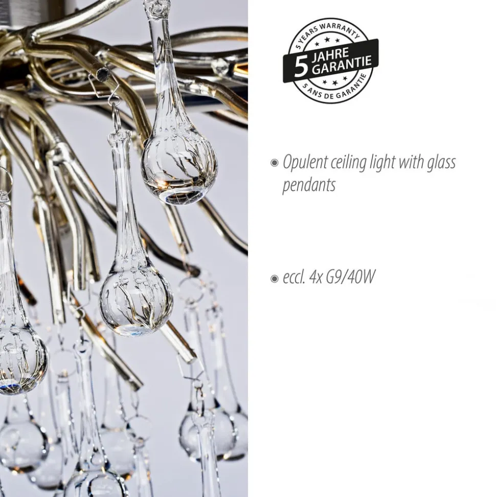 Paul Neuhaus loftlampe Icicle, glaspendel, 4 lyskilder, sølv