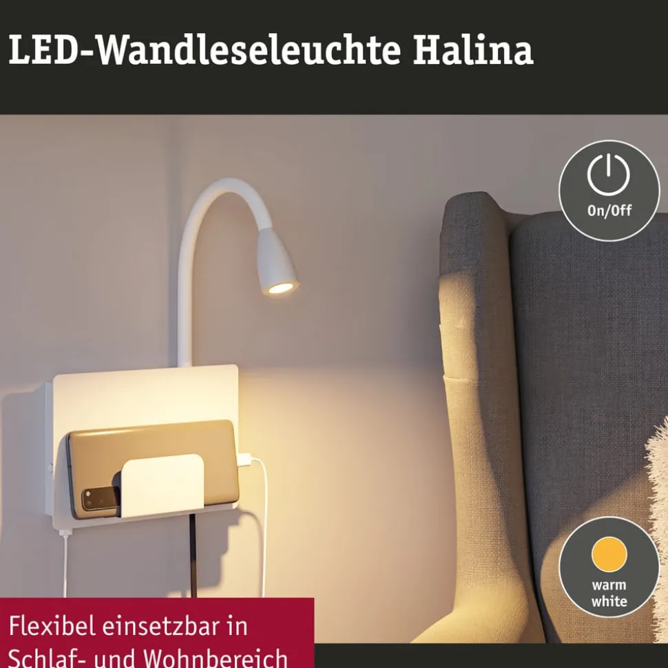 Paulmann Halina USB LED-væglampe, fleksibel arm hvid