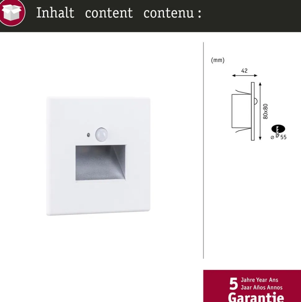 Paulmann LED-sensor-vægindbygningslampe Edge Quadro, hvid 8x8 cm