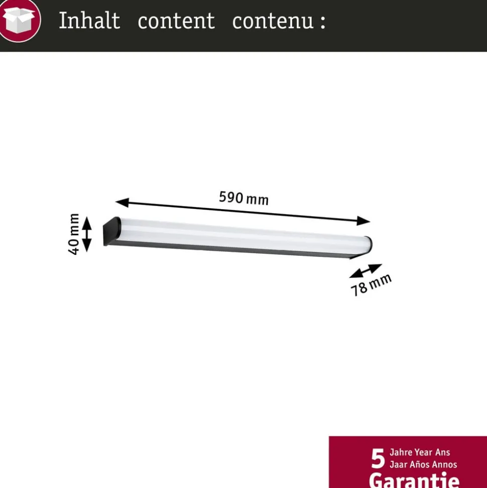 Paulmann LED-væglampe Arneb, sort, 59 cm 3.000 K IP44