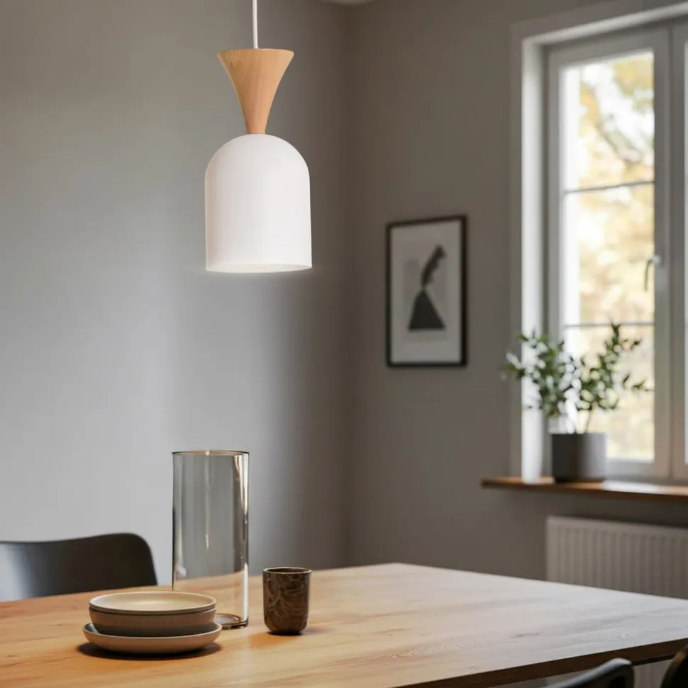 Pendellampe Nolan, Ø 11 cm, hvid/eg, metal/træ