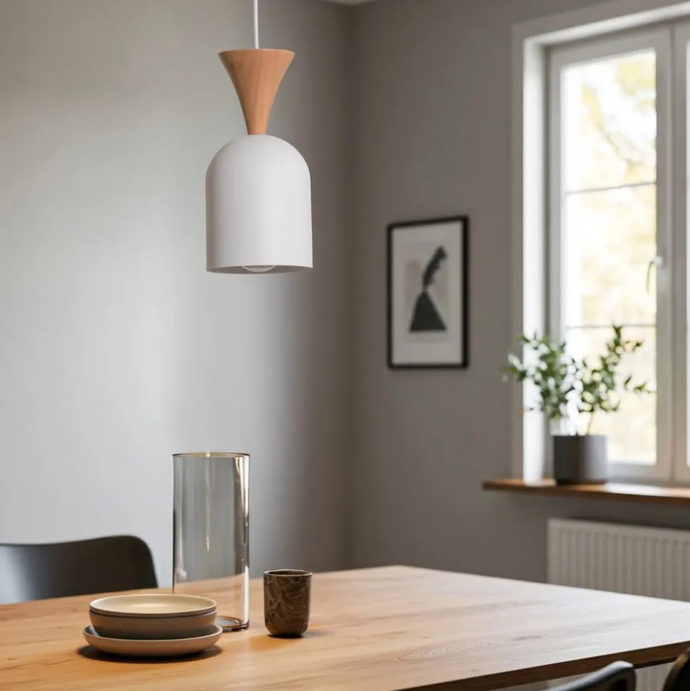 Pendellampe Nolan, Ø 11 cm, hvid/eg, metal/træ