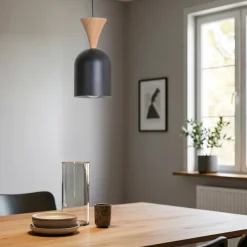 Pendellampe Nolan, Ø 11 cm, sort/eg, metal/træ