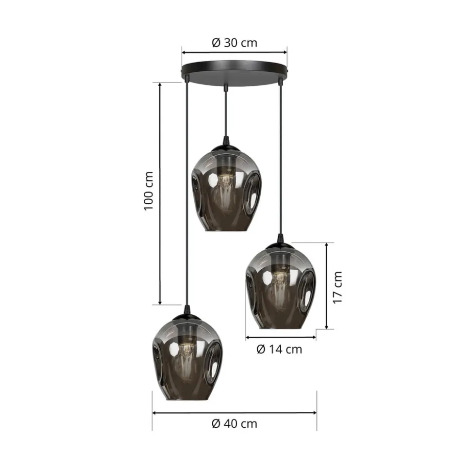 Pendellampe Starla, glas grafit, 3 lyskilder rund