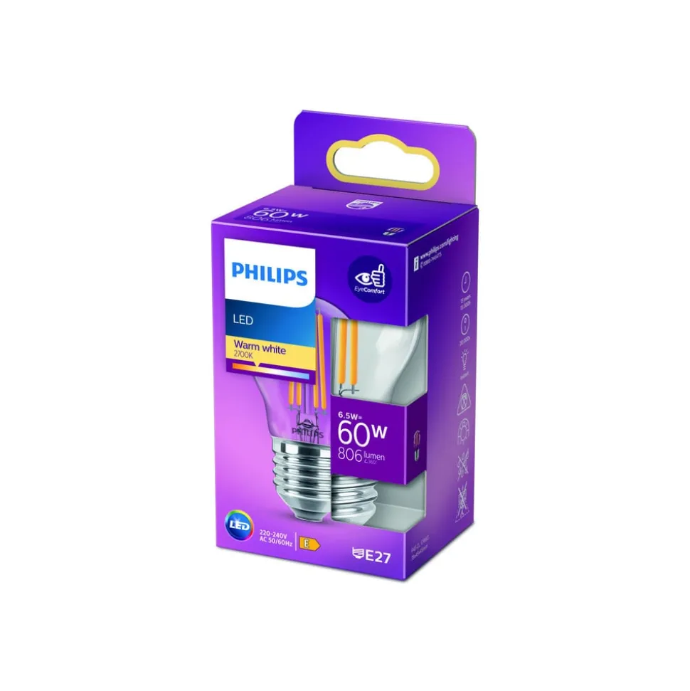 Philips Classic LED-pære E27 P45 6,5W 2.700K, klar