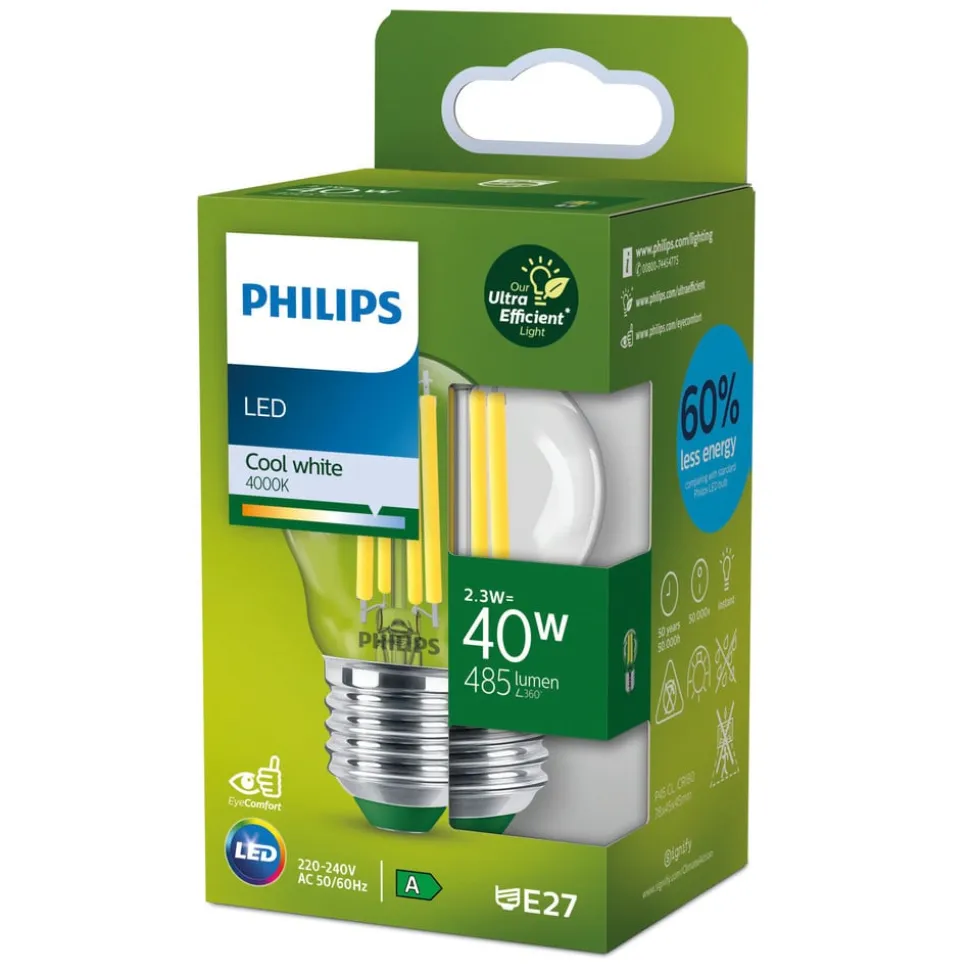 Philips E27 LED-pære G45 2,3 W 485lm 4.000 K klar