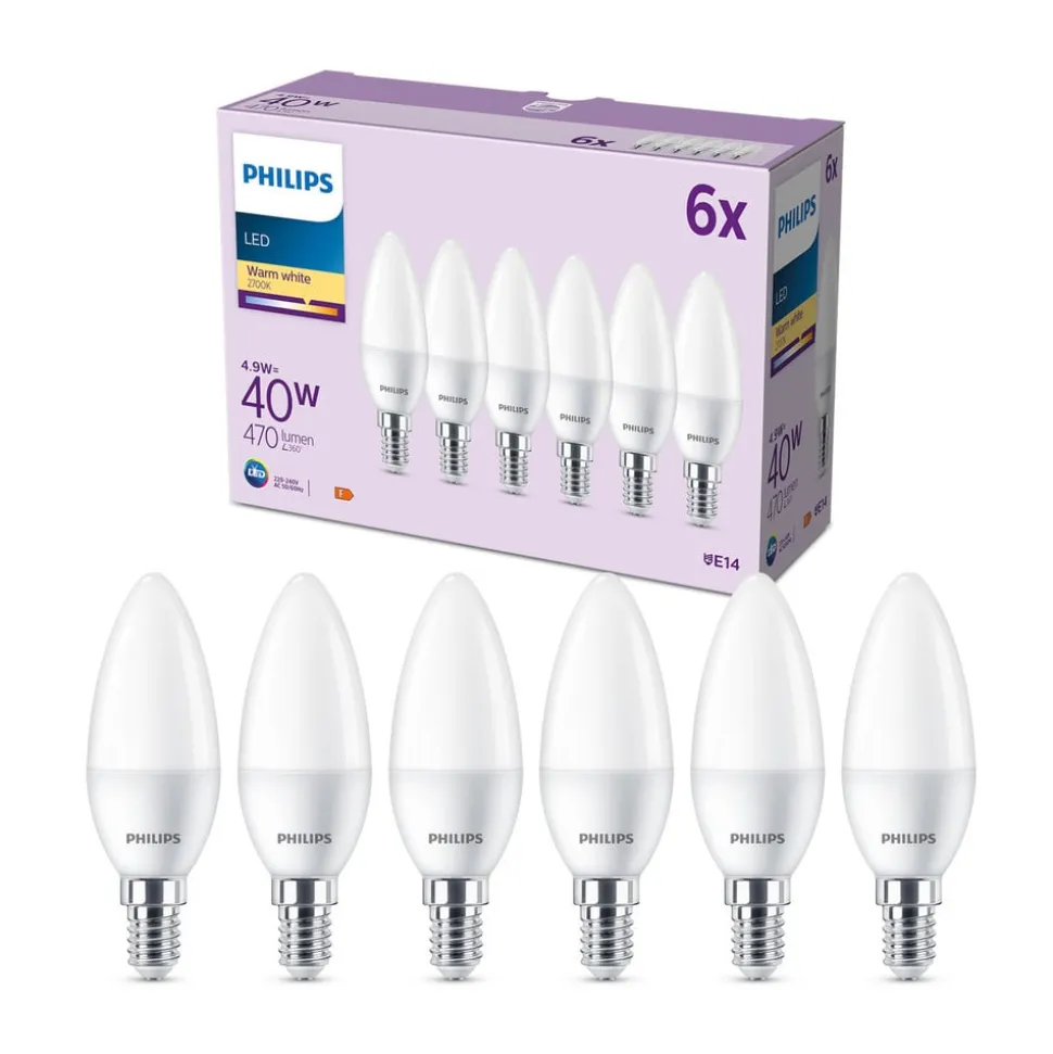 Philips LED-kerte E14 4,9 W 470m 2.700K mat 6 stk