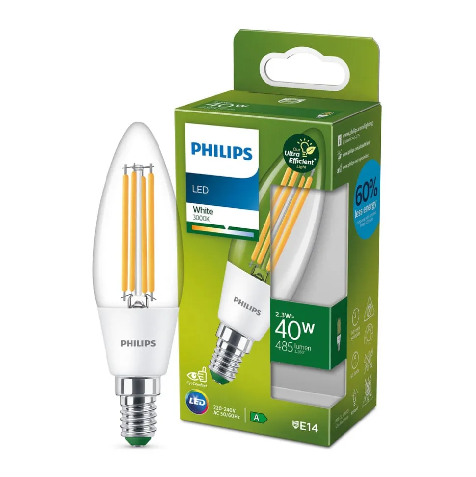 Philips LED-kertepære E14 2,3W 485lm klar 3.000K