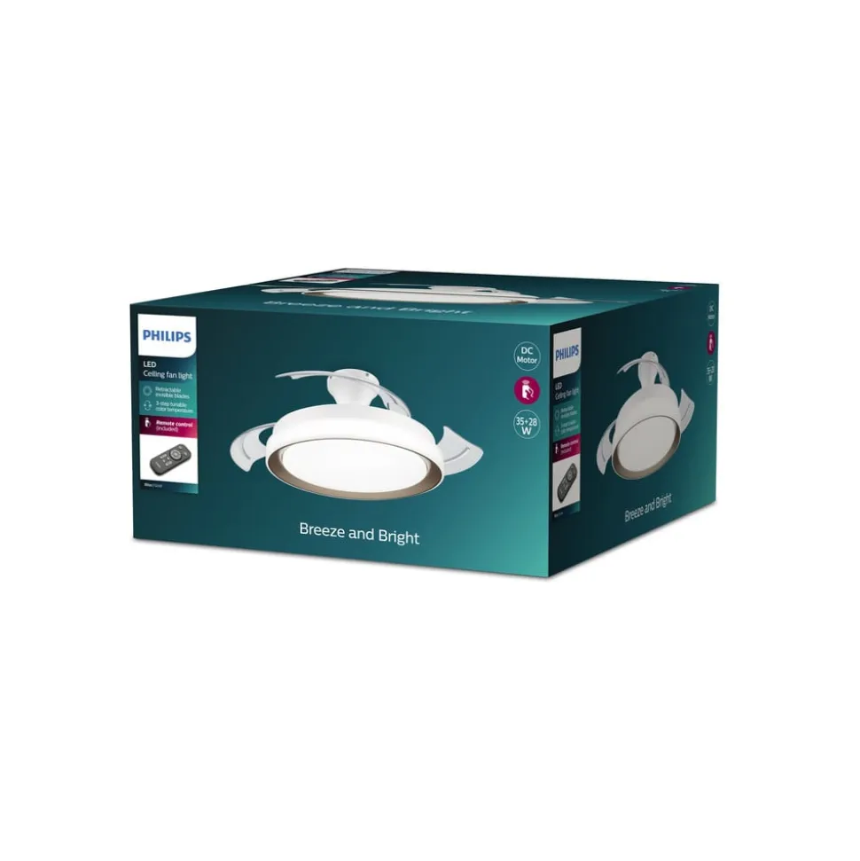 Philips LED-loftventilator Bliss, guld/hvid, støjsvag, CCT