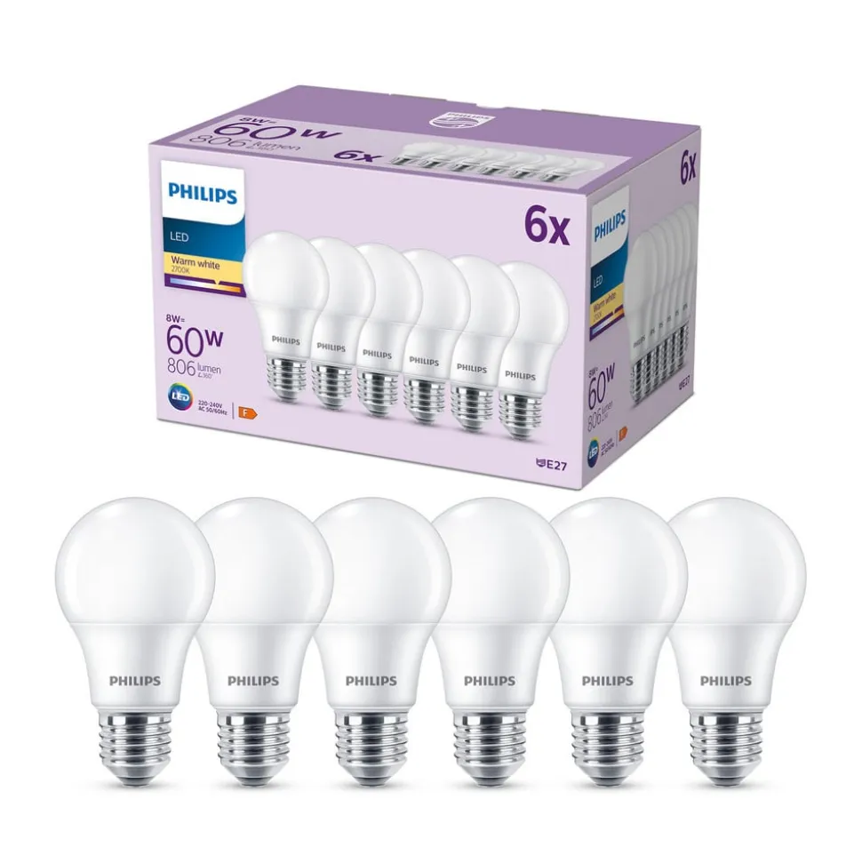Philips LED-pære E27 8 W 806lm 2.700 K mat 6 stk