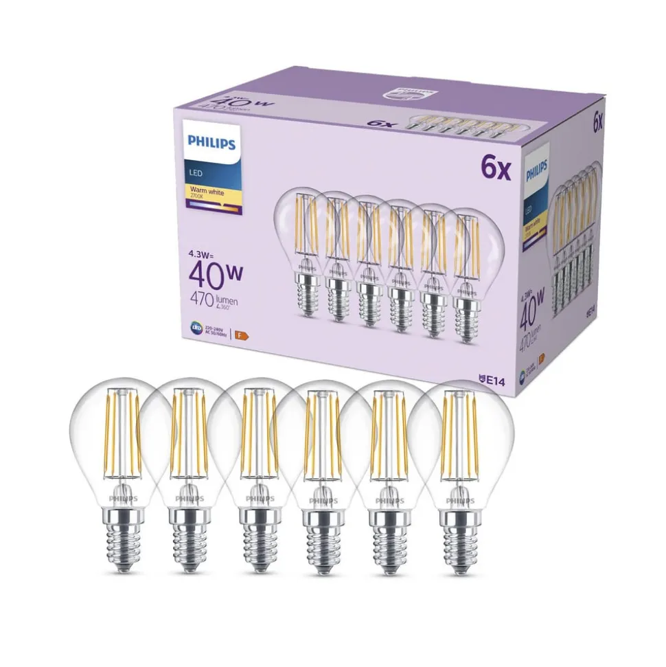 Philips LED-pære E14 P45 4,3W 470lm 2700K filament 6-pak