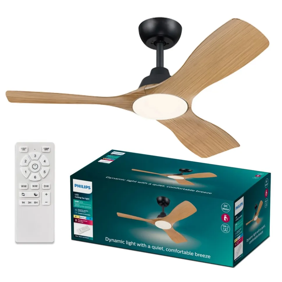 Philips LED-ventilator Olas, Ø 106 cm, brun/sort, støjsvag