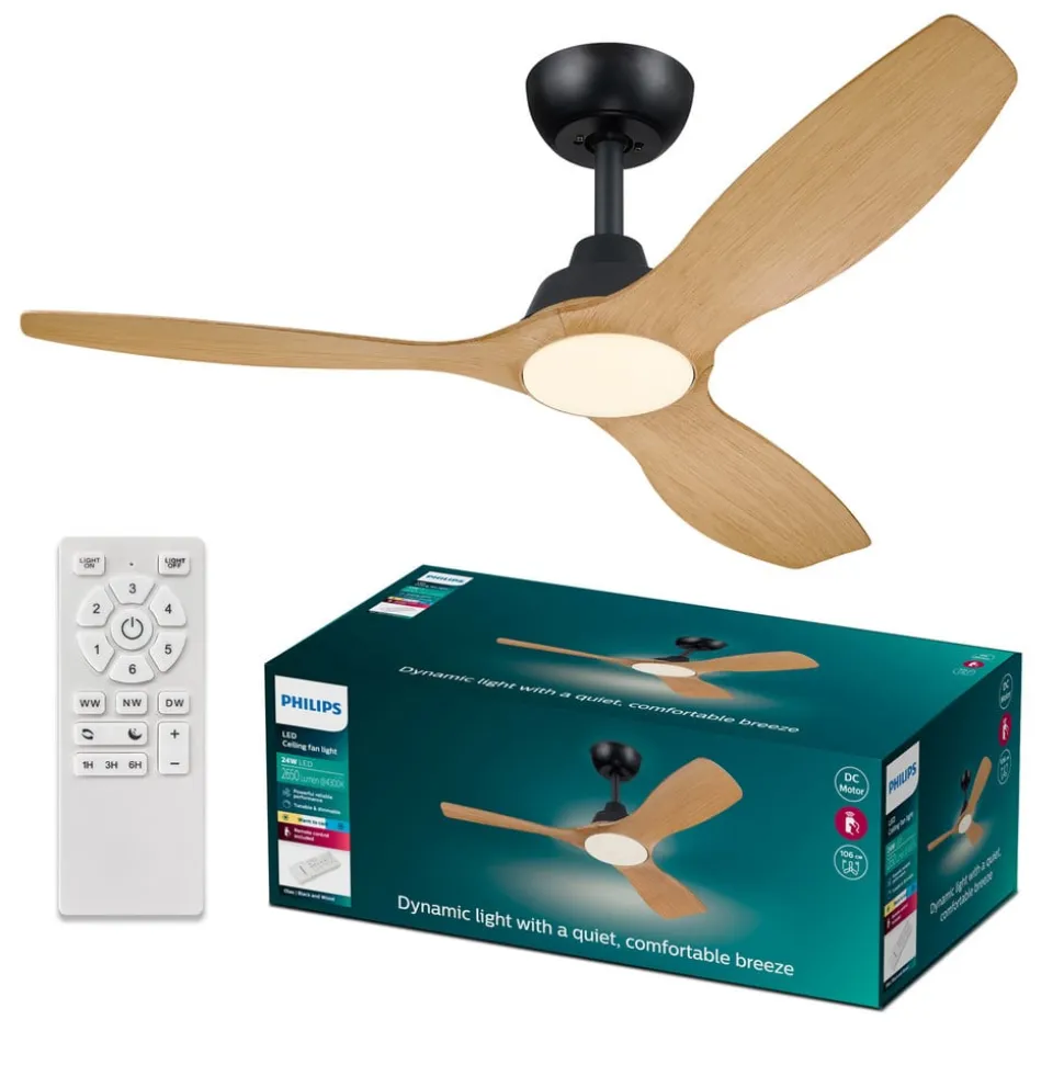 Philips LED-ventilator Olas, Ø 132 cm, brun/sort, støjsvag