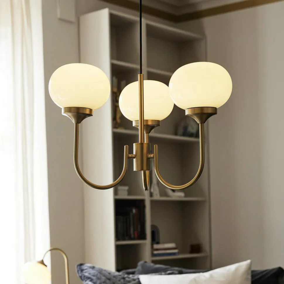 PR Home lysekrone Elsy messingfarvet glas creme 3 lyskilder
