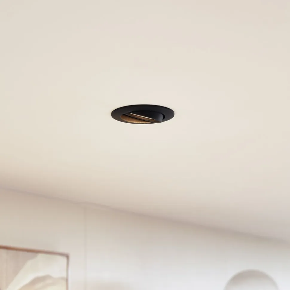 Prios forsænket loftlampe Fibur, sort, aluminium, Ø 8,2 cm