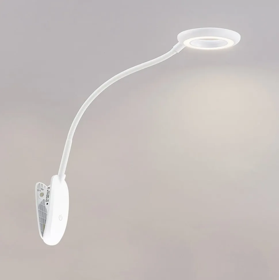 Prios LED-klemmelampe Harumi, hvid, genopladeligt batteri, USB, 51 cm høj
