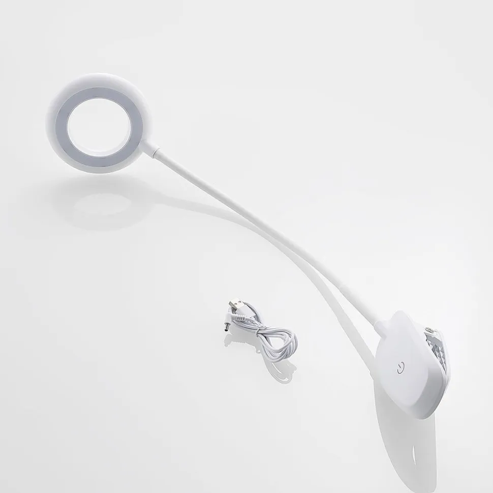 Prios LED-klemmelampe Harumi, hvid, genopladeligt batteri, USB, 51 cm høj