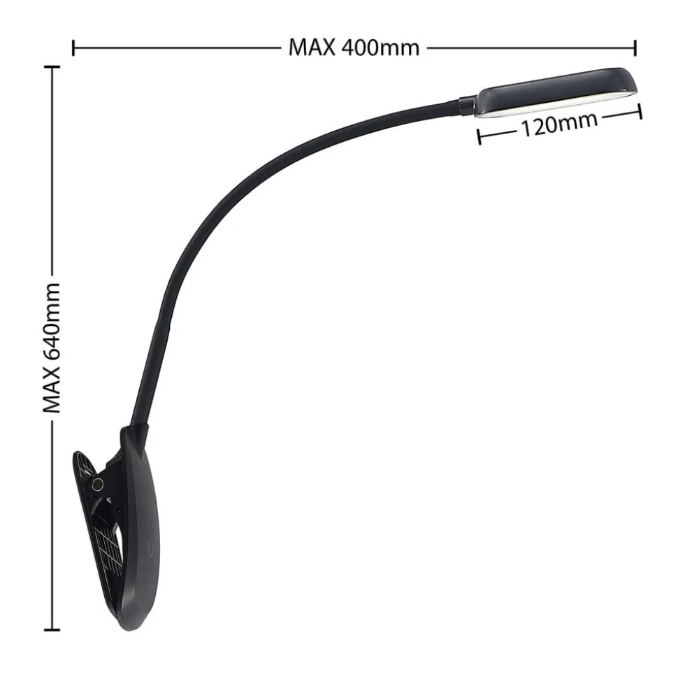 Prios LED-klemmelampe Najari, sort, genopladeligt batteri, USB, 51 cm