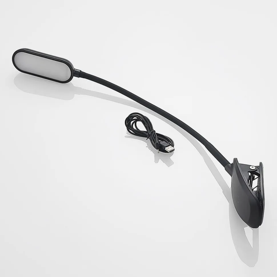 Prios LED-klemmelampe Najari, sort, genopladeligt batteri, USB, 51 cm