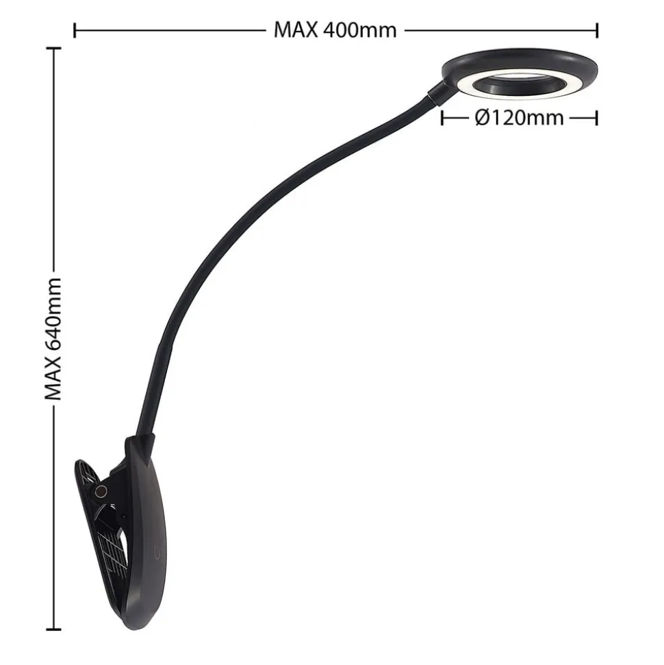 Prios LED-klemmelygte Harumi, sort, genopladeligt batteri, USB, 51 cm
