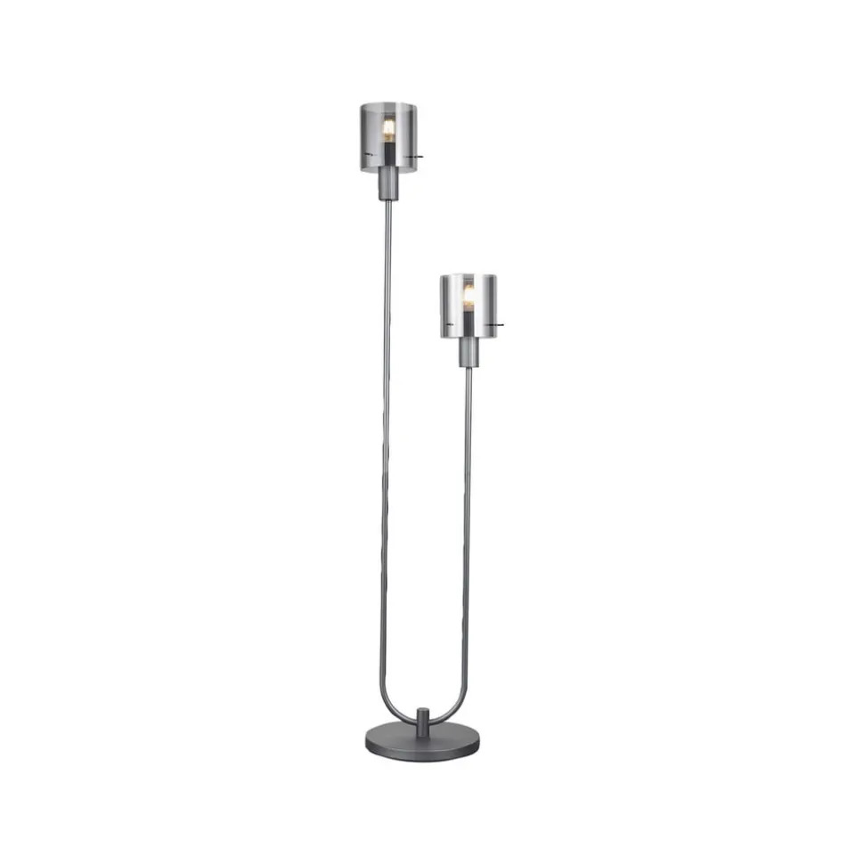 Riffelini gulvlampe, højde 152 cm, røggrå, 2-lys, glas