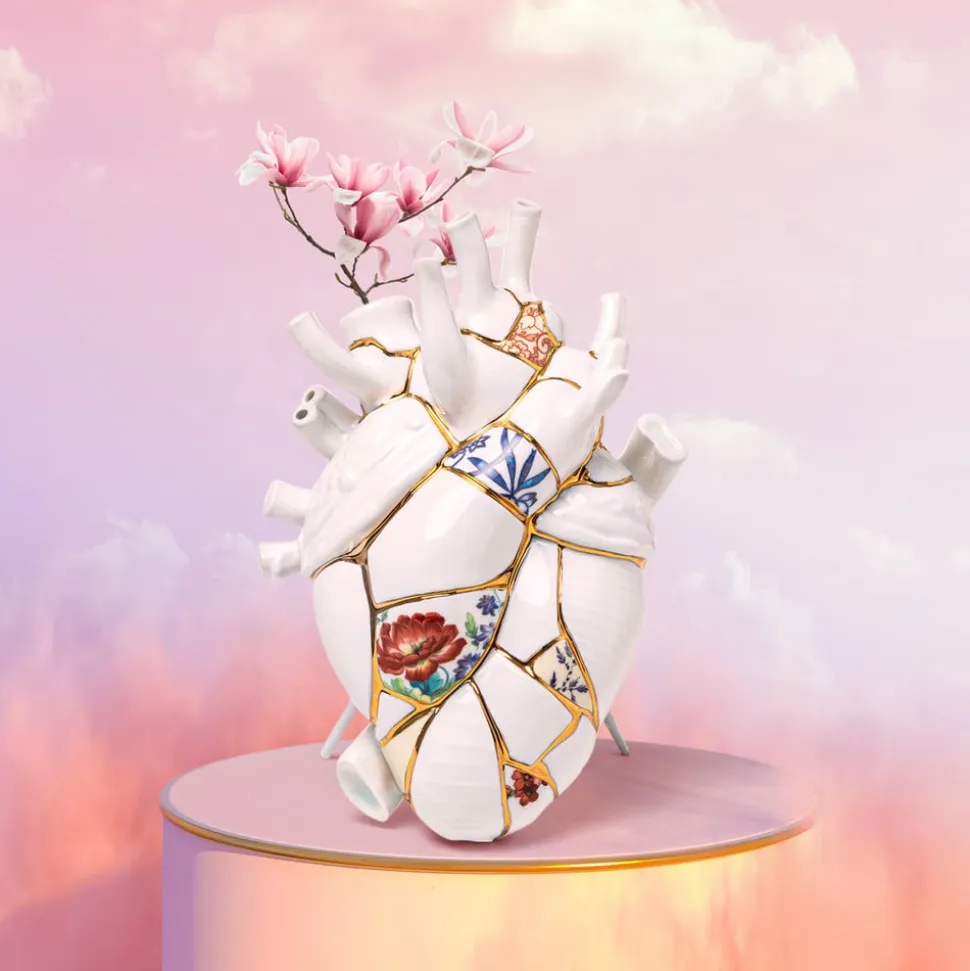 SELETTI Love in Bloom Kintsugi-vase, farverig, porcelæn, guld