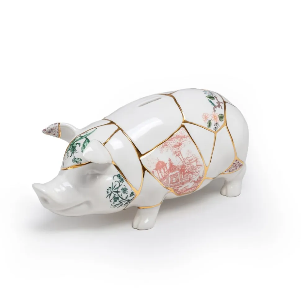 SELETTI sparegris Kintsugi, hvid / farverig, porcelæn, guld