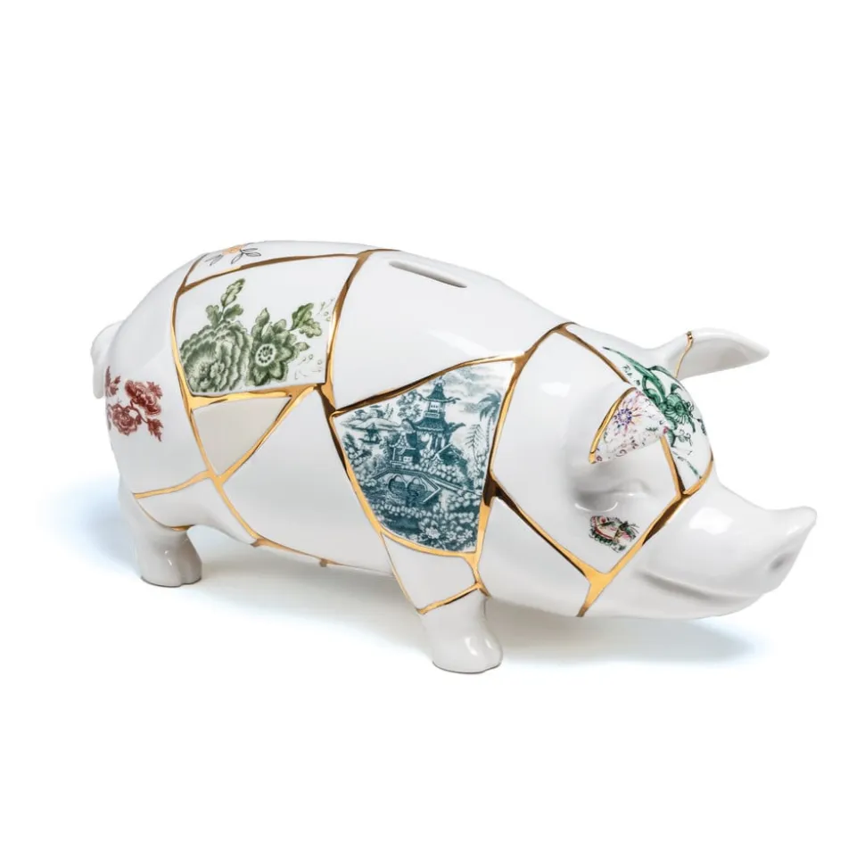 SELETTI sparegris Kintsugi, hvid / farverig, porcelæn, guld