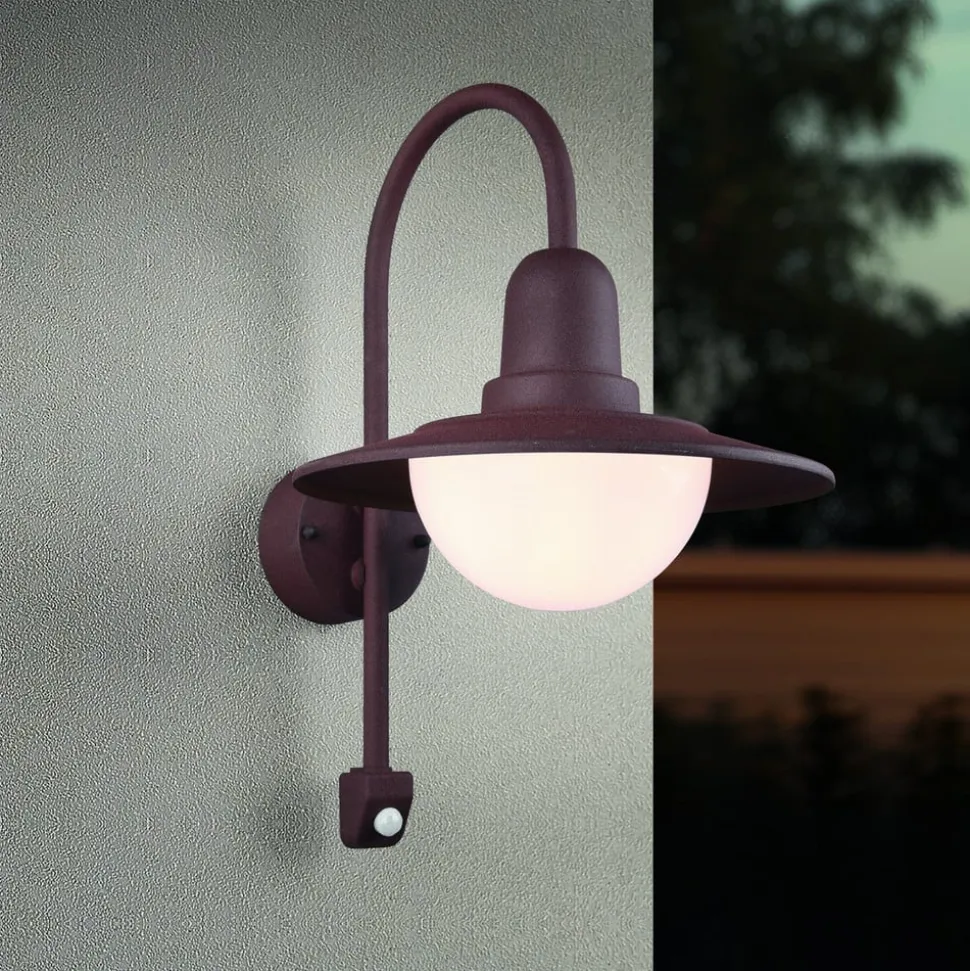 Sensor-udendørs væglampe NORMAN, rust, Ø 30 cm metal/glas IP44