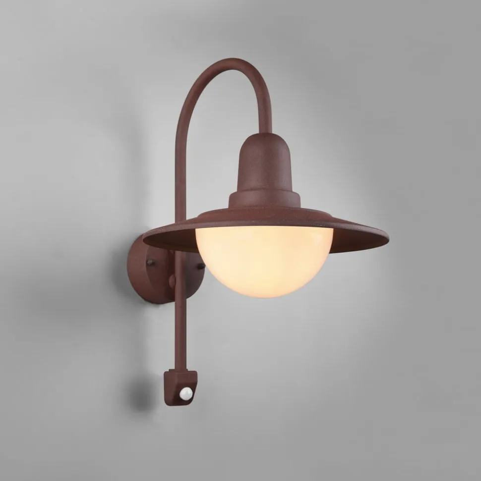 Sensor-udendørs væglampe NORMAN, rust, Ø 30 cm metal/glas IP44