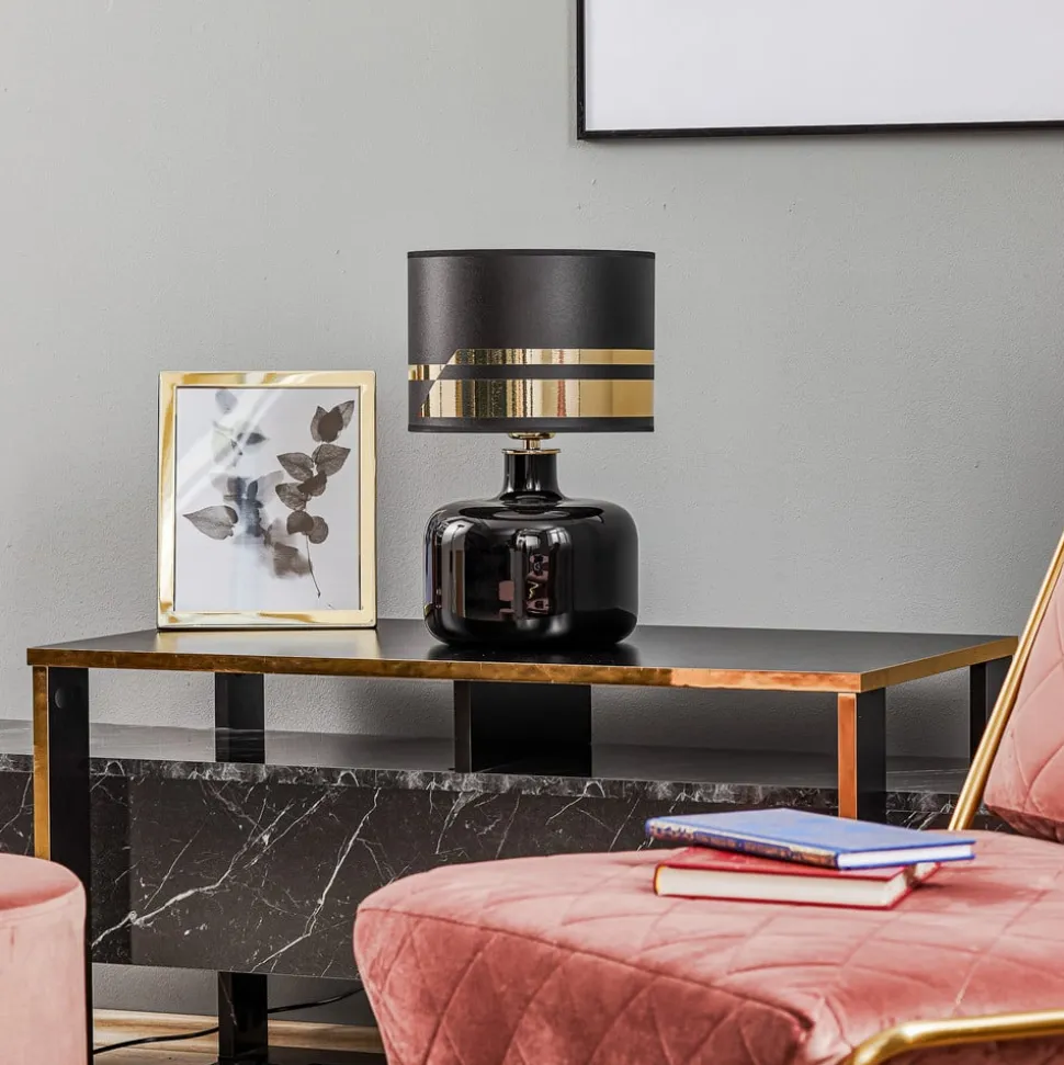 Tekstil bordlampe Bodo, sort-guld
