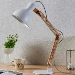 Træ-skrivebordslampe Shivanja med hvid skærm