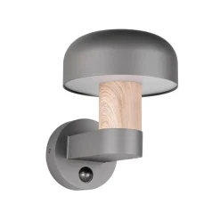 Udendørs væglampe Fraser Sensor, grå/trælook, aluminium IP54 E27