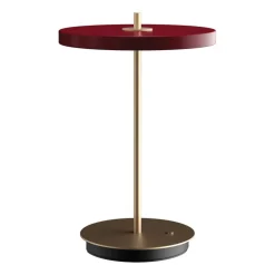 UMAGE LED-batteridrevet bordlampe Asteria Move rubinrød/messing 31 cm