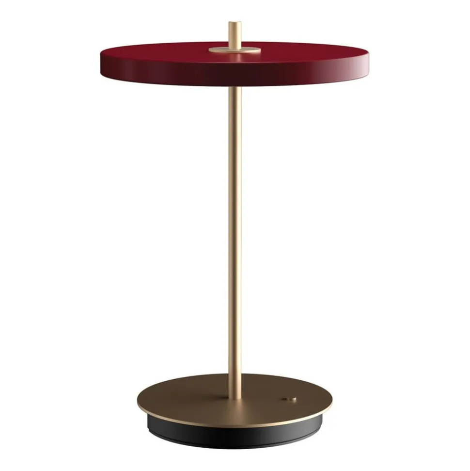 UMAGE LED-batteridrevet bordlampe Asteria Move rubinrød/messing 31 cm