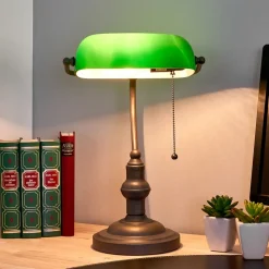 Verda iøjnefaldende banklampe med fod i antikbrun