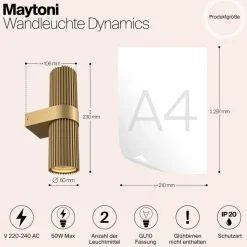 Væglampe DYNAMICS, guldfarvet, højde 23 cm, metal op/ned