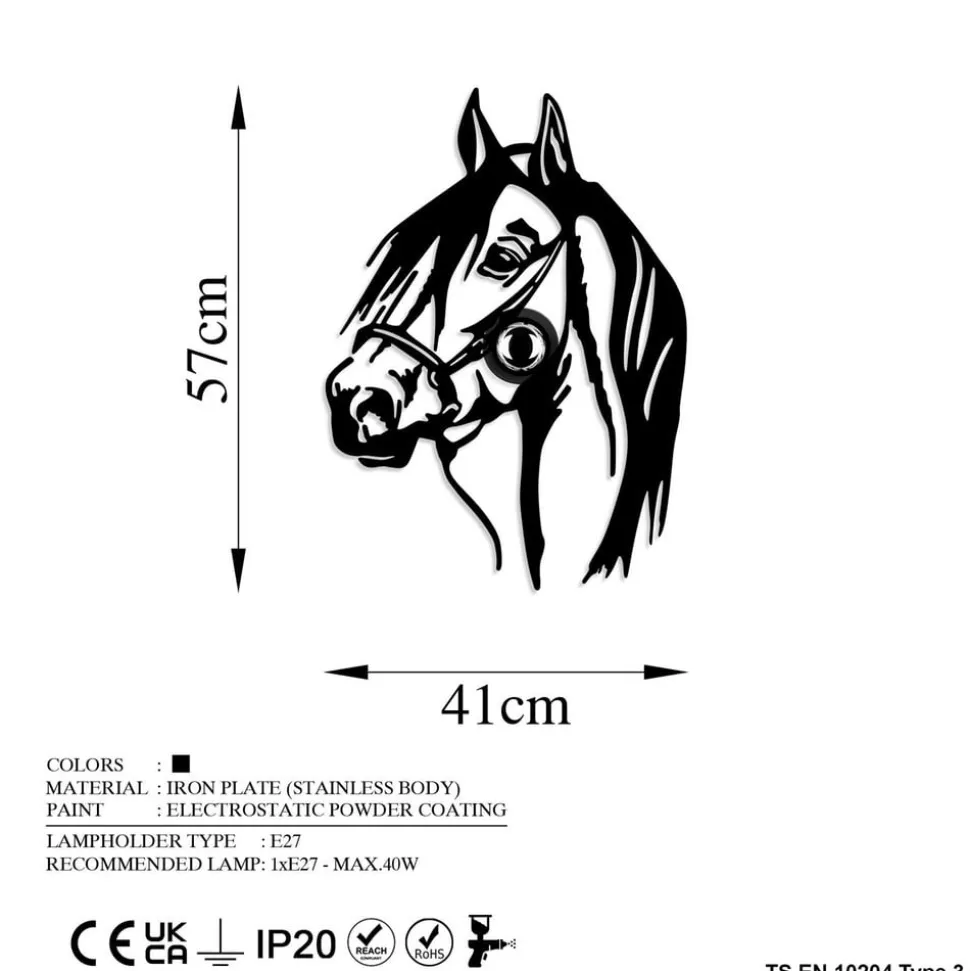 Væglampe Horse, sort, metal, 57 x 41 cm, stikledning