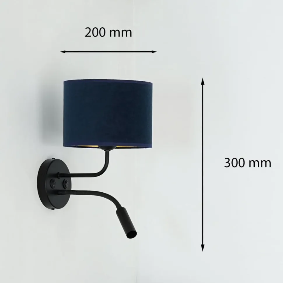 Væglampe Roller, fløjl mørkeblå, sort, med læselampe