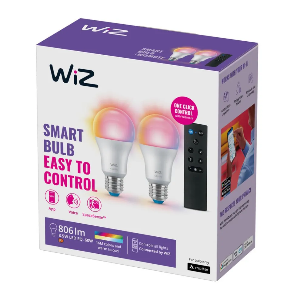 WiZ A60 LED mat WiFi E27 8,5W RGBW fjernbetjening 2-pak