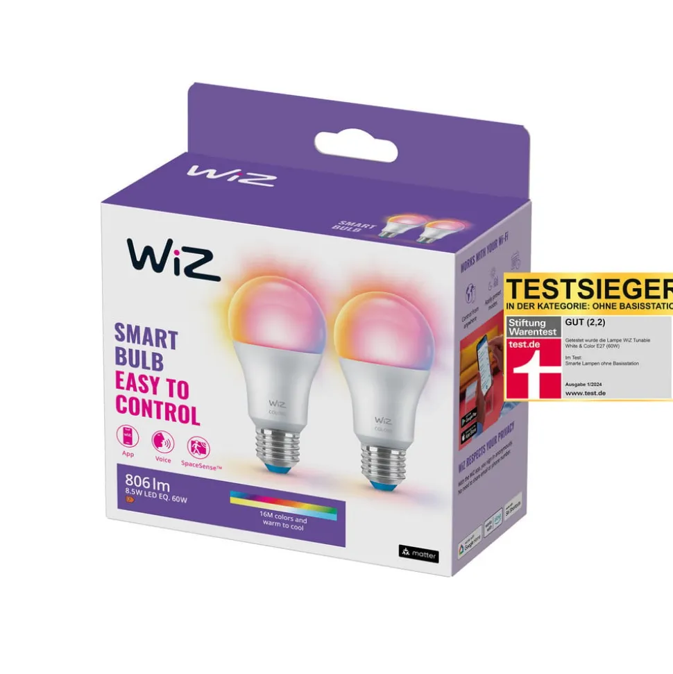 WiZ A60 LED-pære mat WiFi E27 8,5W RGBW 2-pak